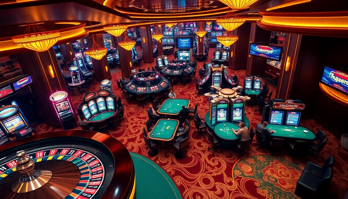 Exciting casino scene with players, roulette wheel, and online gambling elements at https://thabetp3.com/.