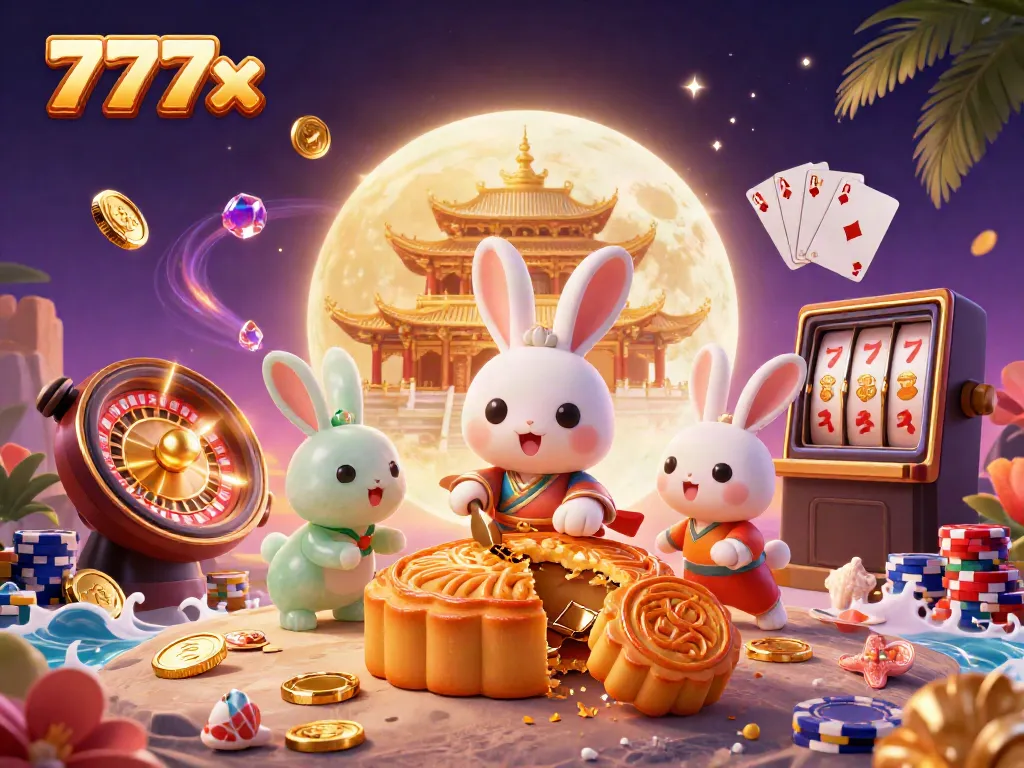 Experience the thrill of gambling with 777x amidst enchanting moonlight and vibrant casino elements.