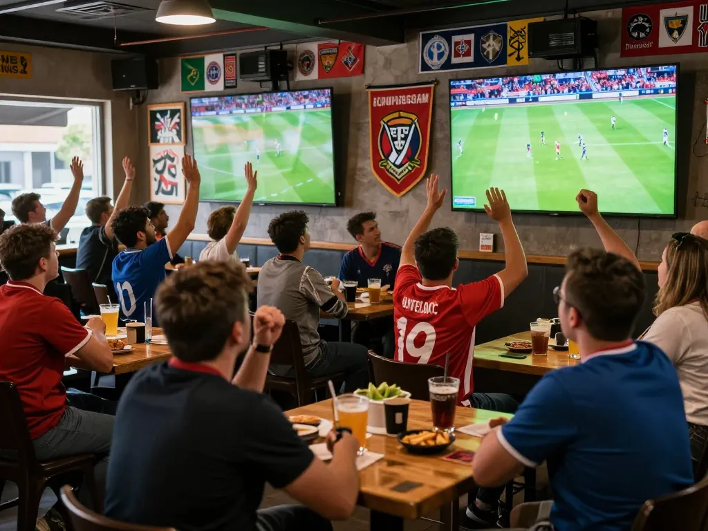 Excited fans enjoying trực tiếp bóng đá in a sports bar atmosphere with vibrant displays.