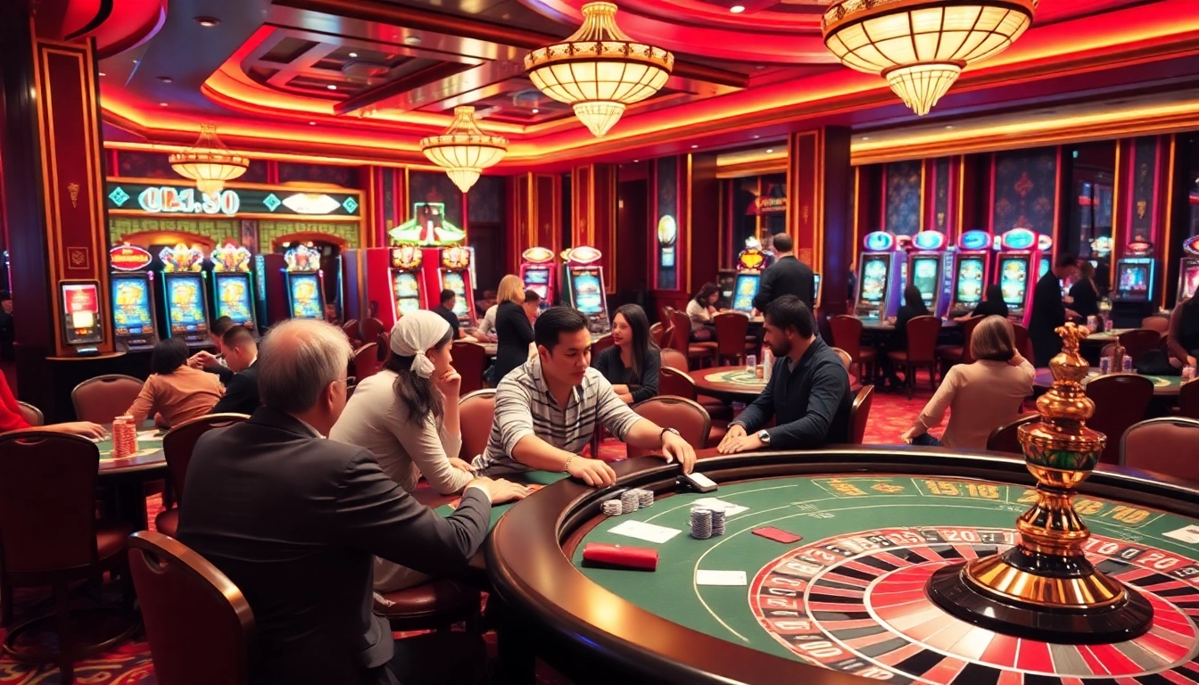 A thrilling poker table scene at a Nhà cái uy tín casino, showcasing players in action with vibrant atmosphere.