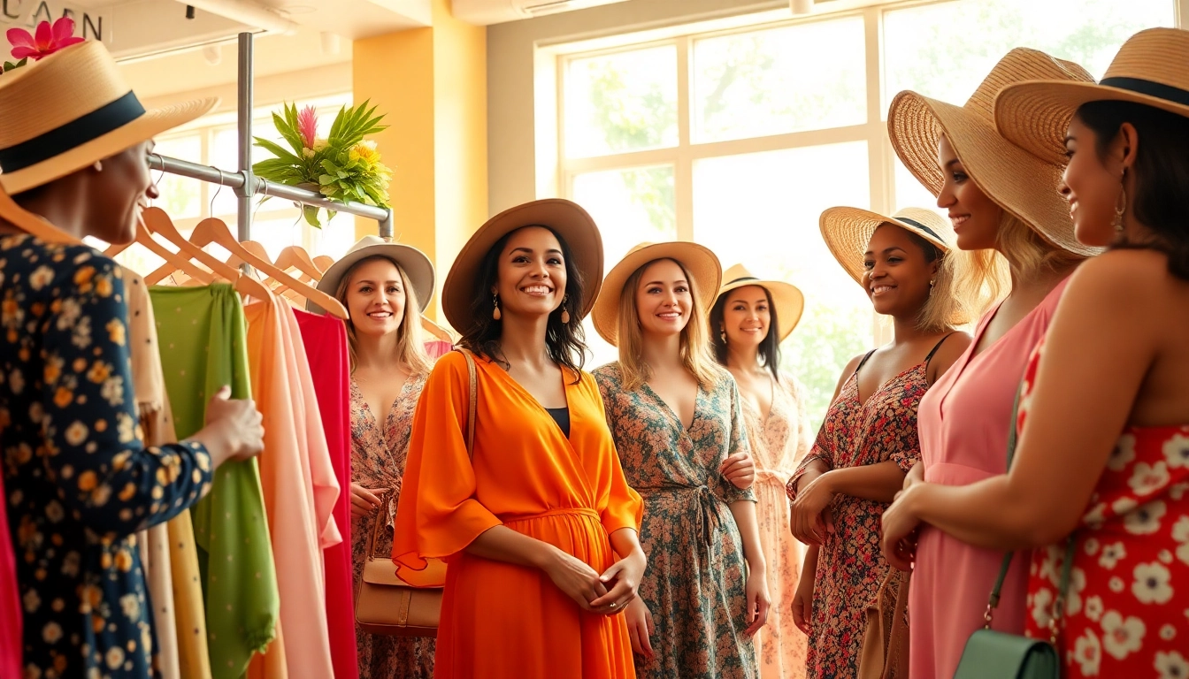 Diverse women enjoying a vibrant women fashion boutique shopping experience.