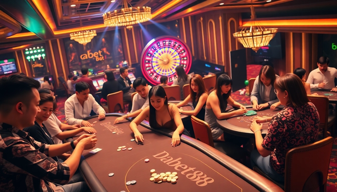 Enthusiastic players experiencing exciting games at dabet88 casino, showcasing vibrant gaming tables and rich atmosphere.