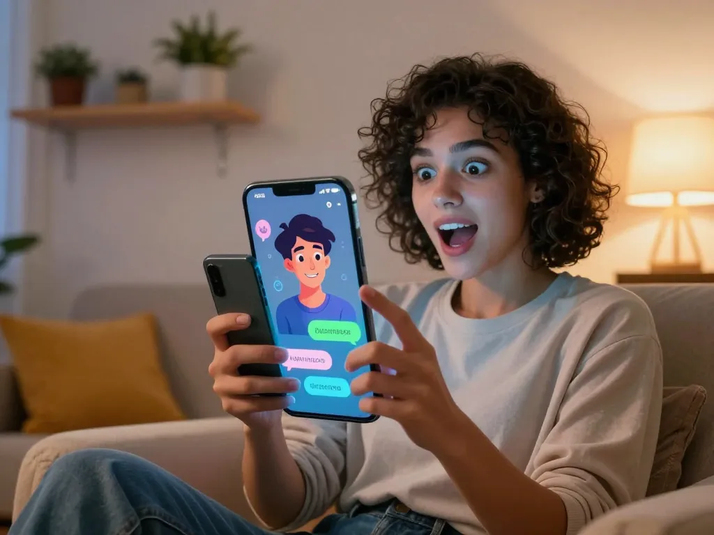 Engaging scene of a user enjoying an NSFW character AI chat with a hologram, showcasing immersive digital interaction in a cozy home.