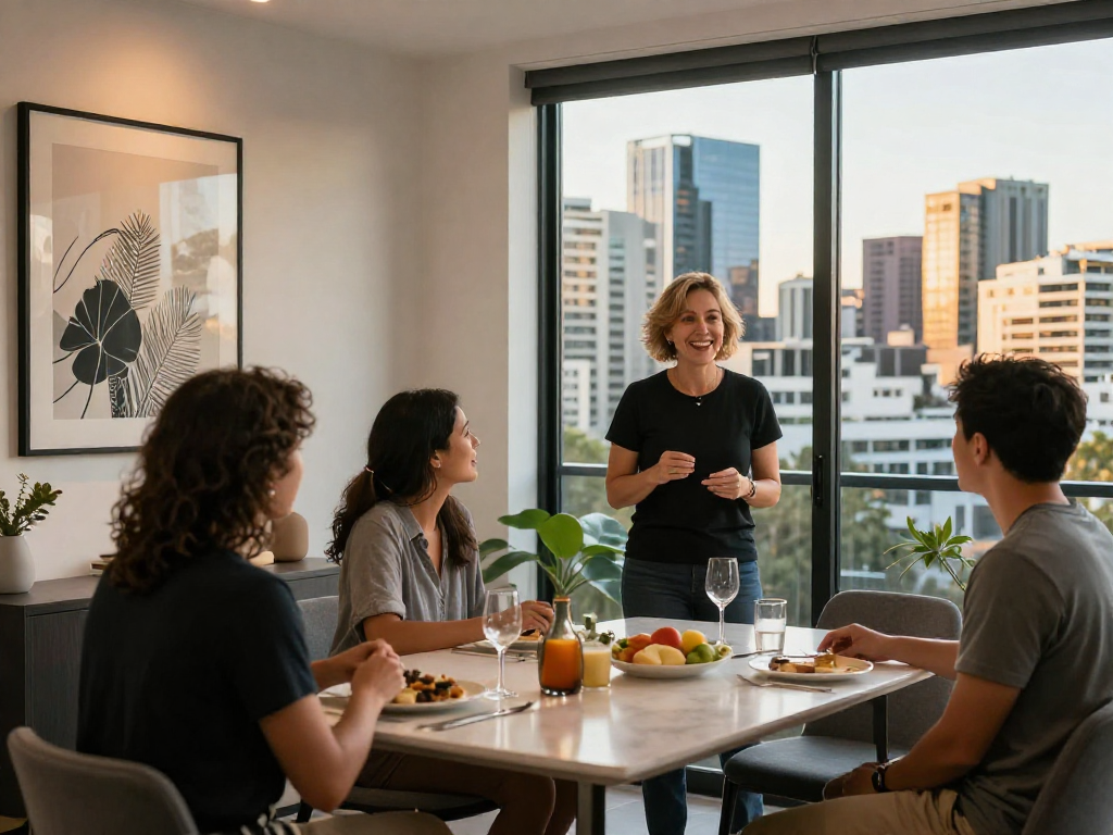 Inviting atmosphere of airbnb management brisbane, with a host and guests in a stylish Brisbane apartment.
