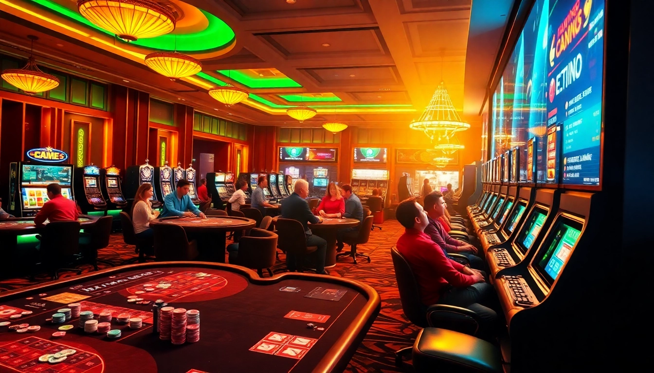 Players enjoying thrilling game bài đổi thưởng at vibrant casino tables with exciting interfaces.