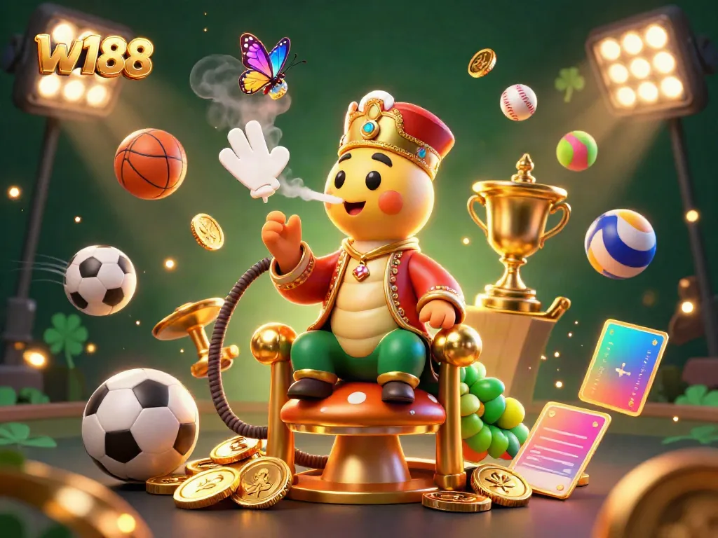 Experience w188's dynamic gambling atmosphere with a vibrant 3D illustration featuring a caterpillar master and sports elements.