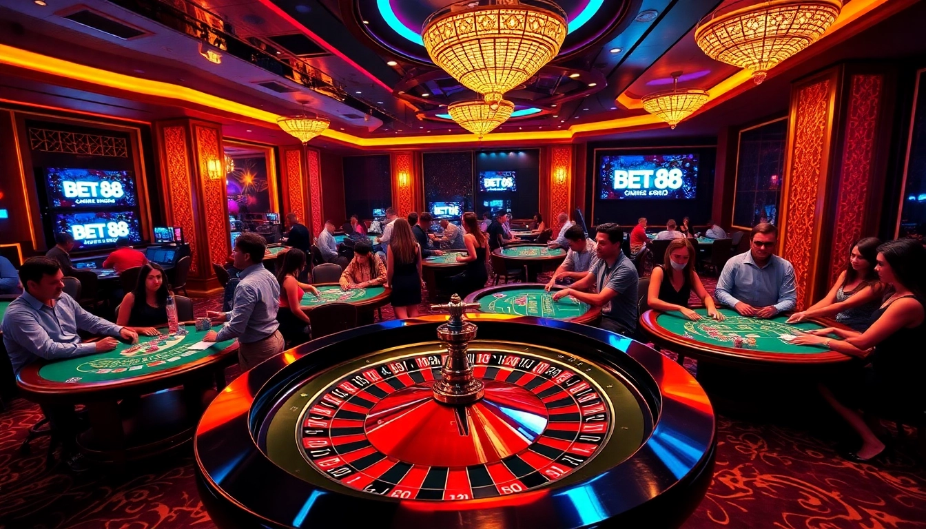 Experience the excitement of BET 88 as players engage in thrilling casino games, surrounded by vibrant neon lights.