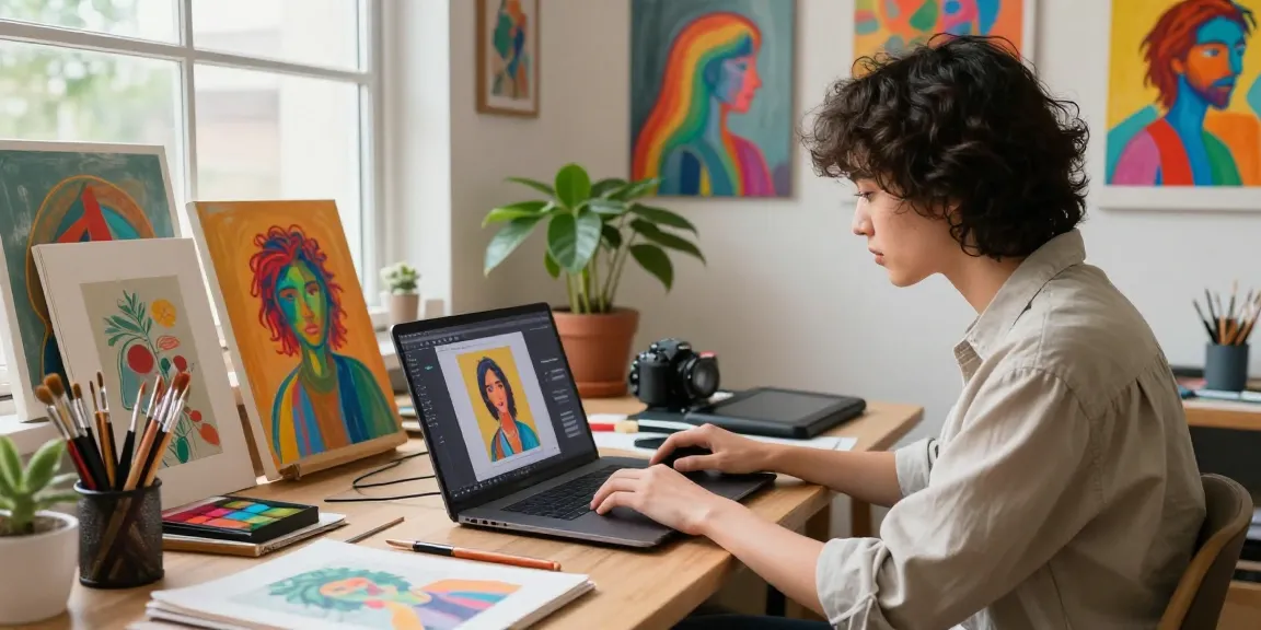 Dynamic workspace featuring an artist using the image to prompt generator for AI art, surrounded by creative tools and inspiration.