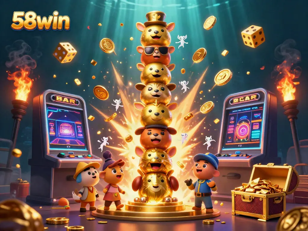 Experience the thrill of 58win with vibrant slot machine action and engaging totem characters.