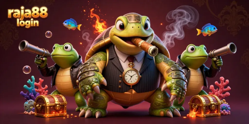 Engage with raja88 login for exciting fish shooting games featuring a massive snapping turtle in a dynamic underwater scene.