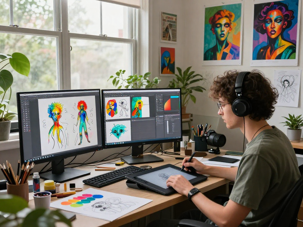AI nsfw artist creating provocative digital artwork in modern studio with vibrant colors and creative elements.
