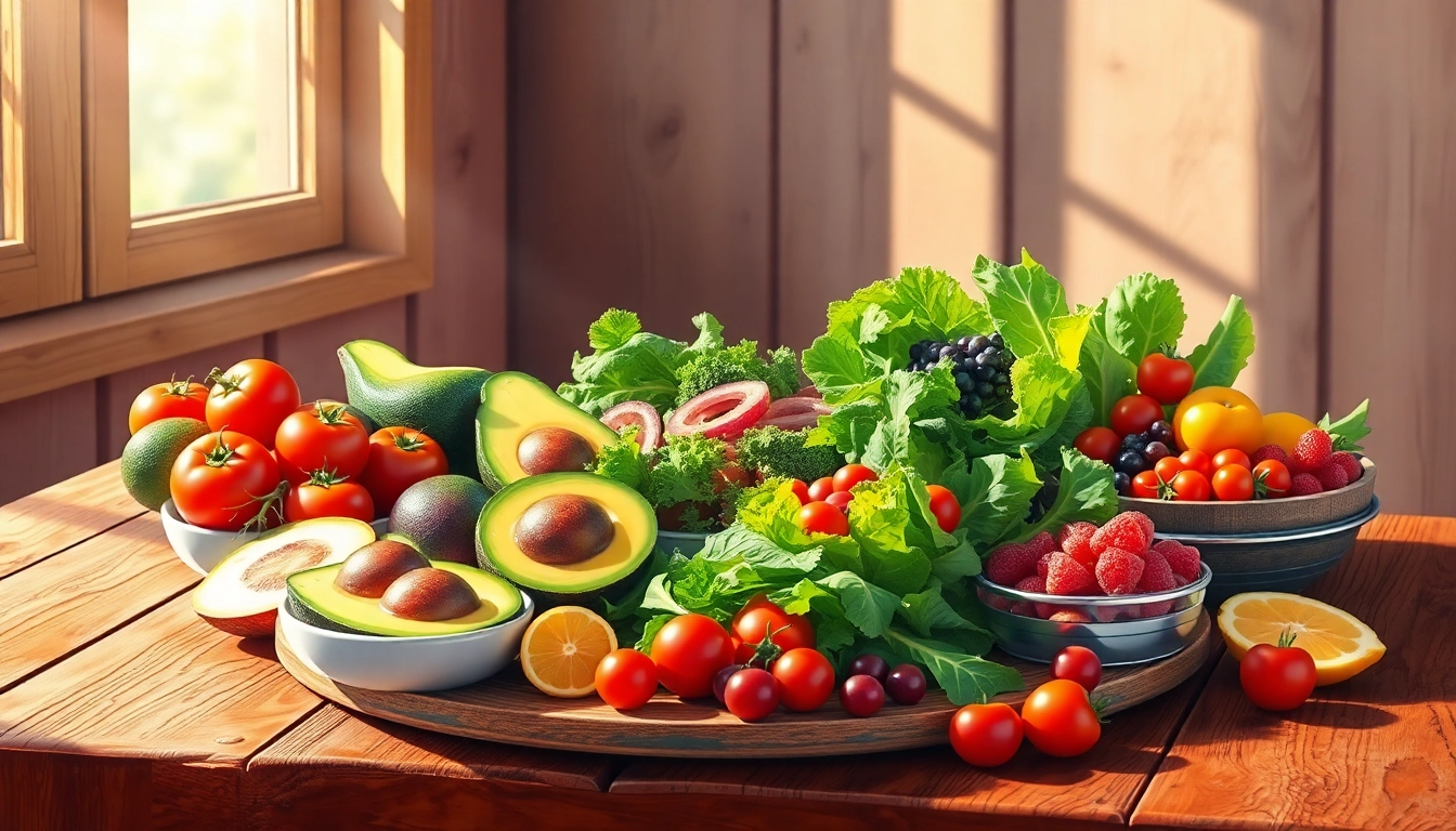 Vibrant healthy food spread featuring fresh vegetables and fruits.