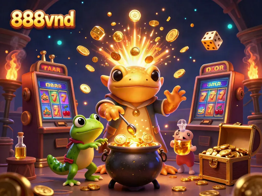 Play exciting casino games at 888vnd with a vibrant scene of gold coins and a lucky jackpot atmosphere.