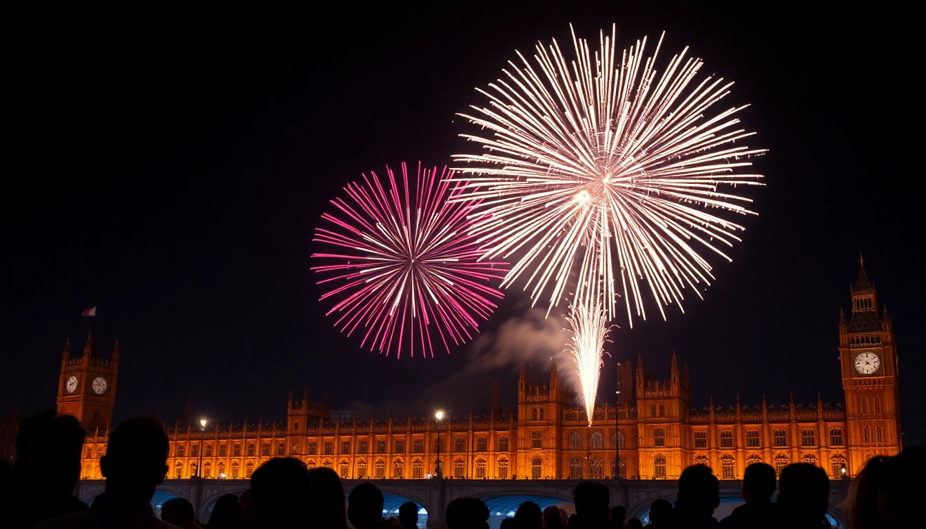 A captivating fireworks show in the UK illuminating a historic backdrop.