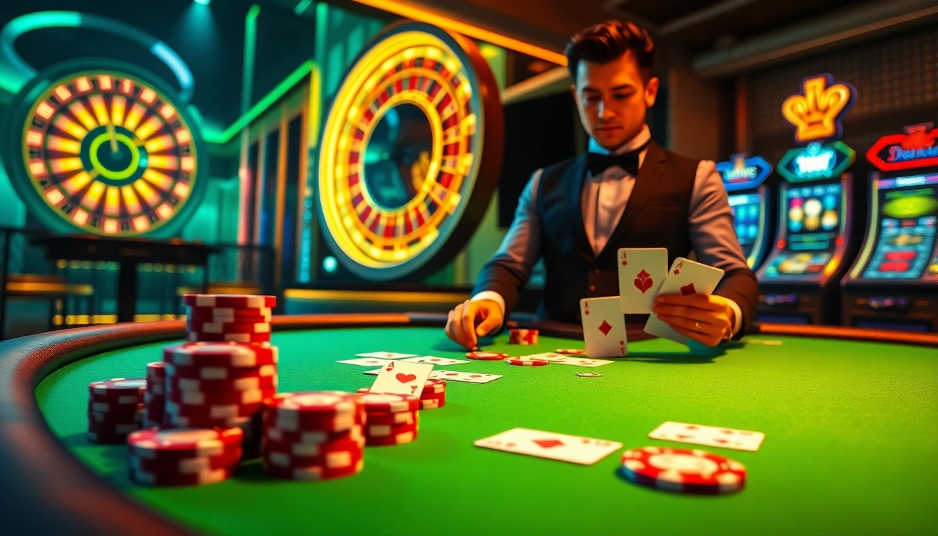Engaging online casino scene featuring j88 đăng nhập with poker tables, chips, and vibrant slot machines.