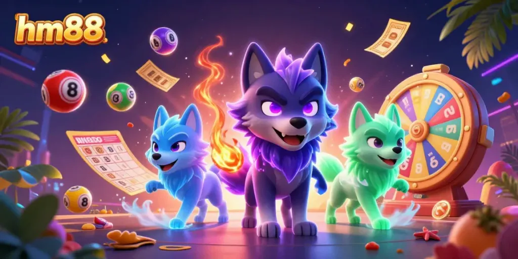 Experience the excitement of gambling with hm88 as a shadowy wolf leader guides players among colorful lottery balls and vibrant prizes.