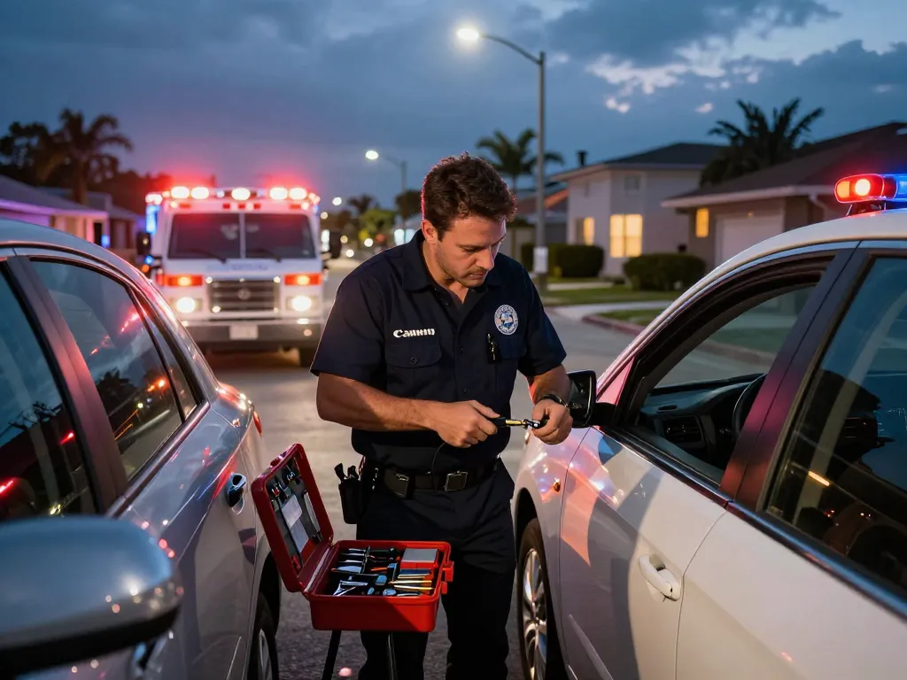 Emergency locksmith Palm City assisting with a car door lock at night, highlighting urgent service and professionalism.