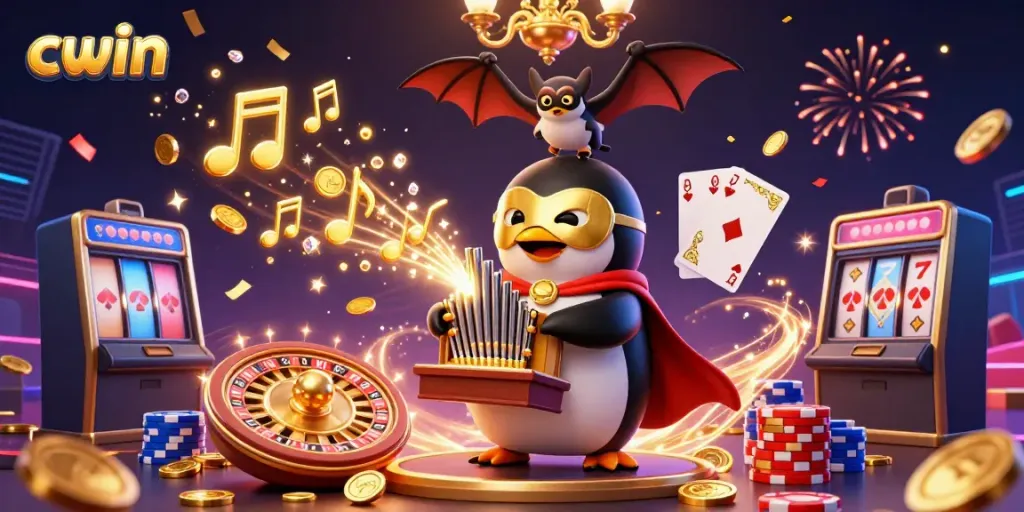 Cwin's vibrant 3D casino scene showcases a phantom penguin playing an organ, with golden coins and gems cascading around