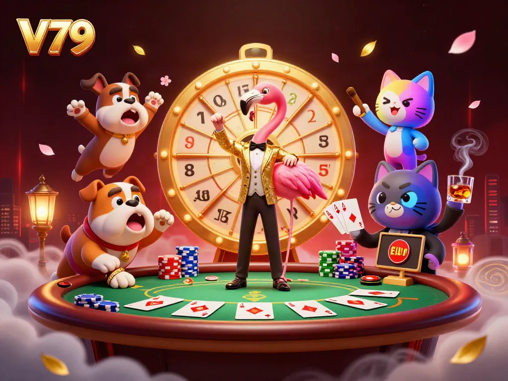 V79 host spins the prize wheel with an excited bulldog contestant at a vibrant casino scene.