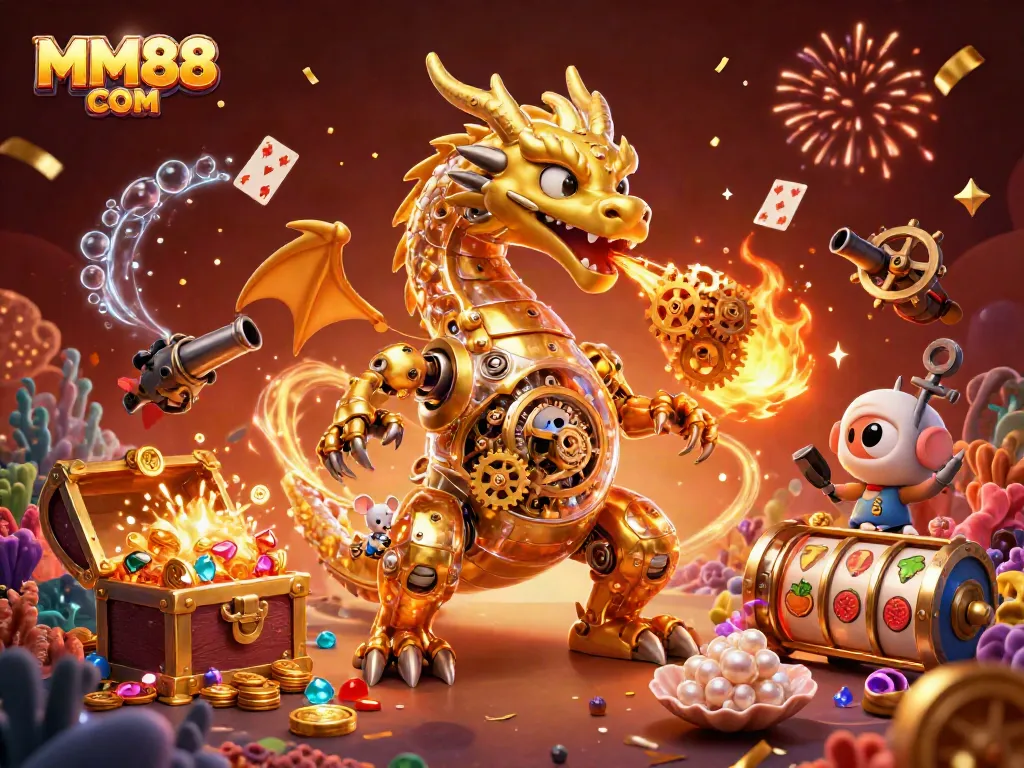 Engage with MM88 COM's thrilling 3D casino experience featuring a golden dragon and vibrant game elements.