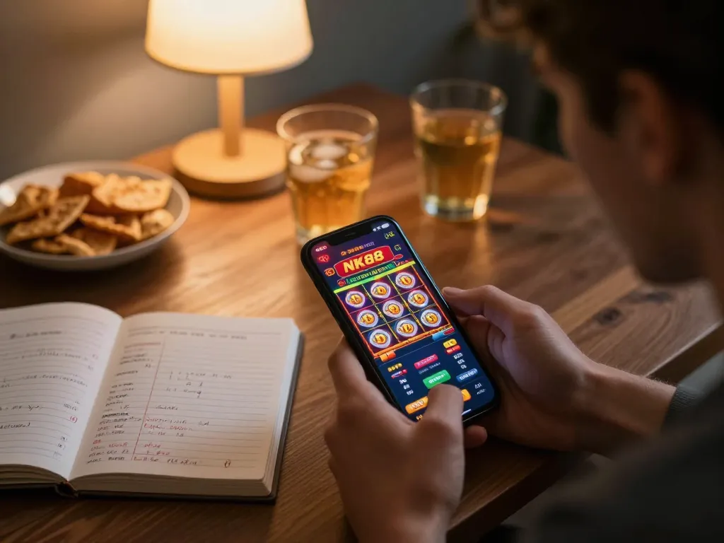 Player engaging with the NK88 casino app on smartphone, enhancing gaming experience and strategy.