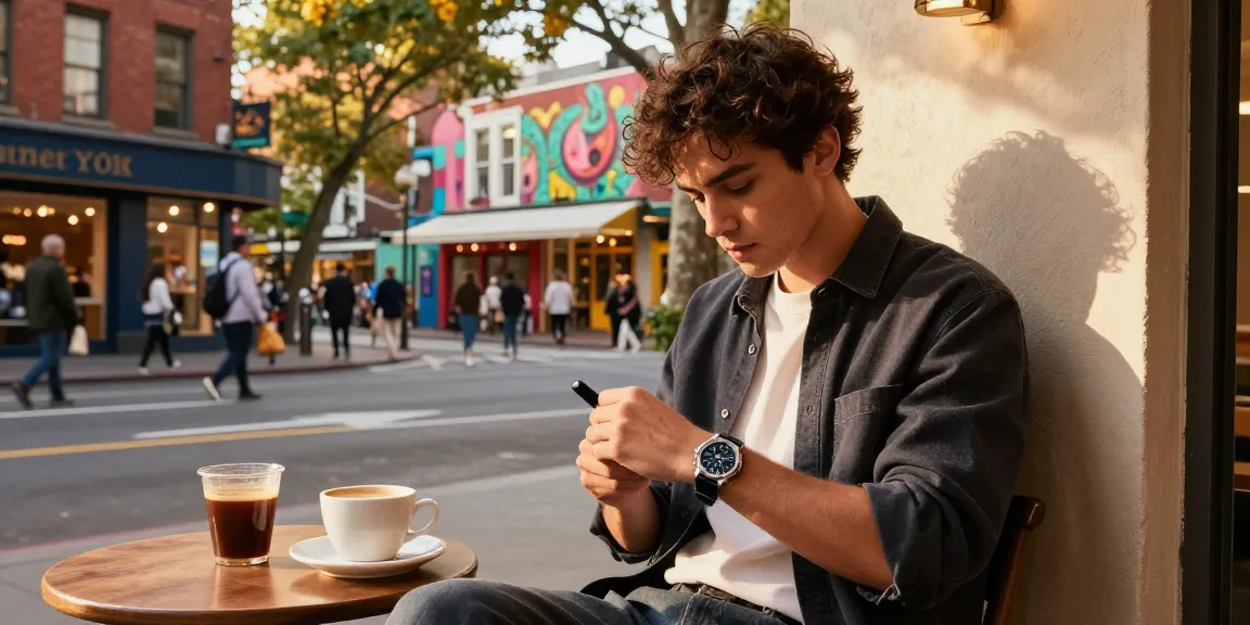 Fashionable individual showcasing super clone watches in a vibrant city cafe.