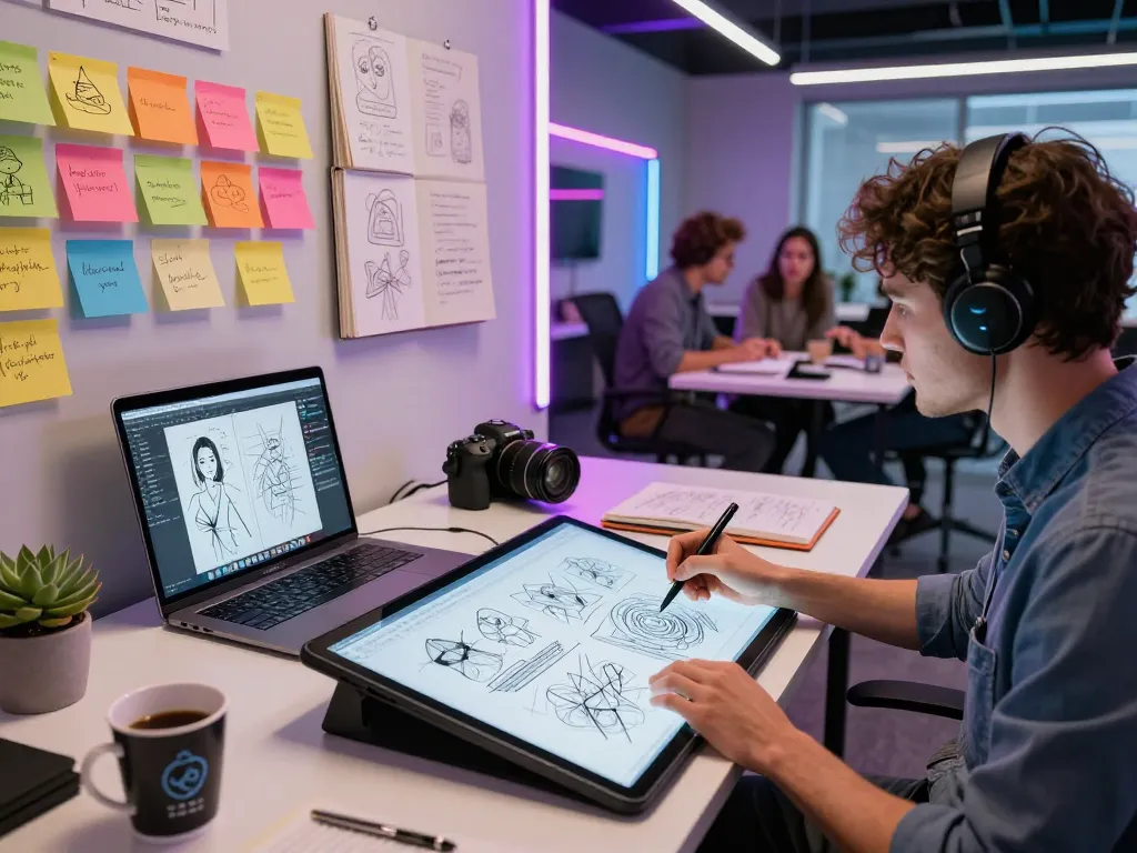 Designer using an image to prompt tool in a modern workspace, showcasing creativity and technology.