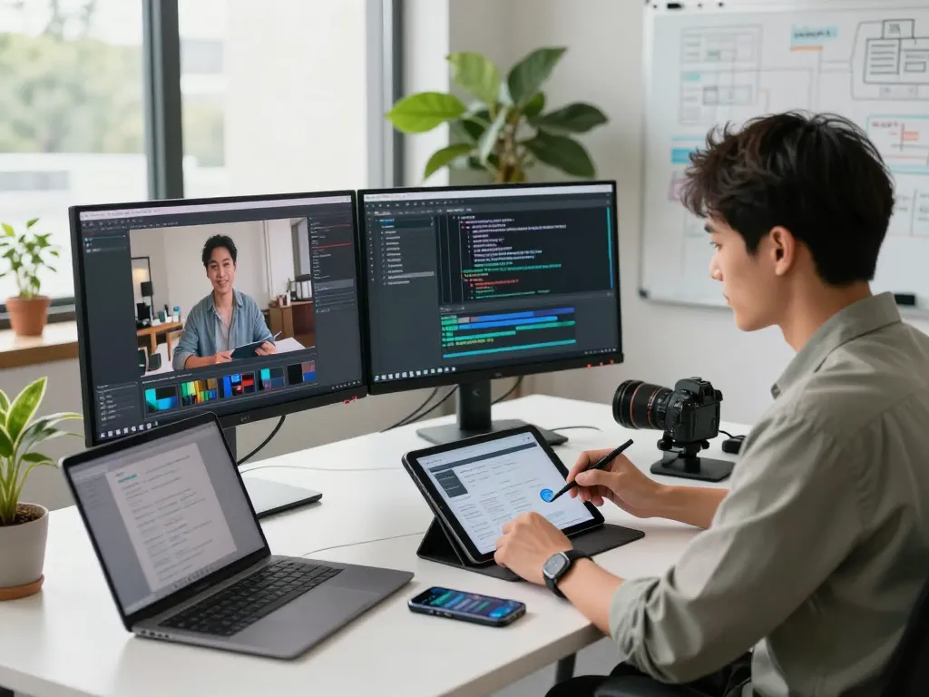 Data analyst working in a technology workspace, showcasing video to prompt ai analysis with multiple screens and bright environment.