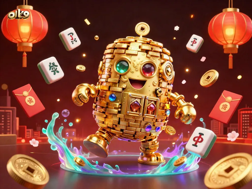 Experience the excitement of ok9 gaming with a 3D golden golem surrounded by vibrant casino elements.