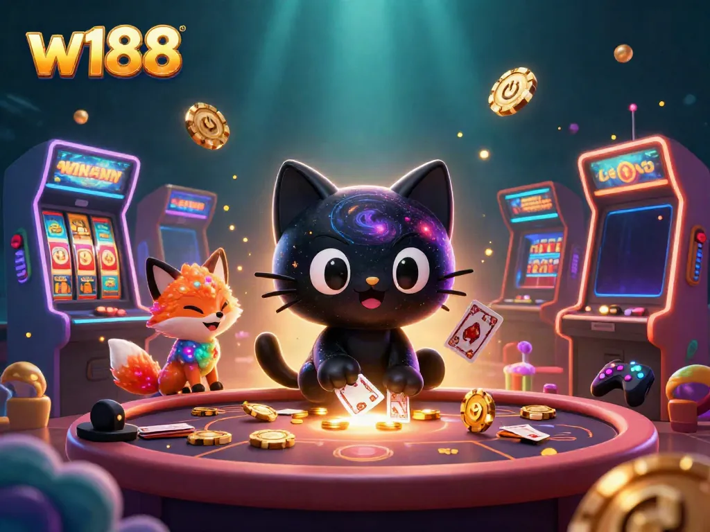 Engaging scene of the cosmic casino featuring the w188 black hole cat, swirling galaxy, and vibrant game elements, inviting players to join.