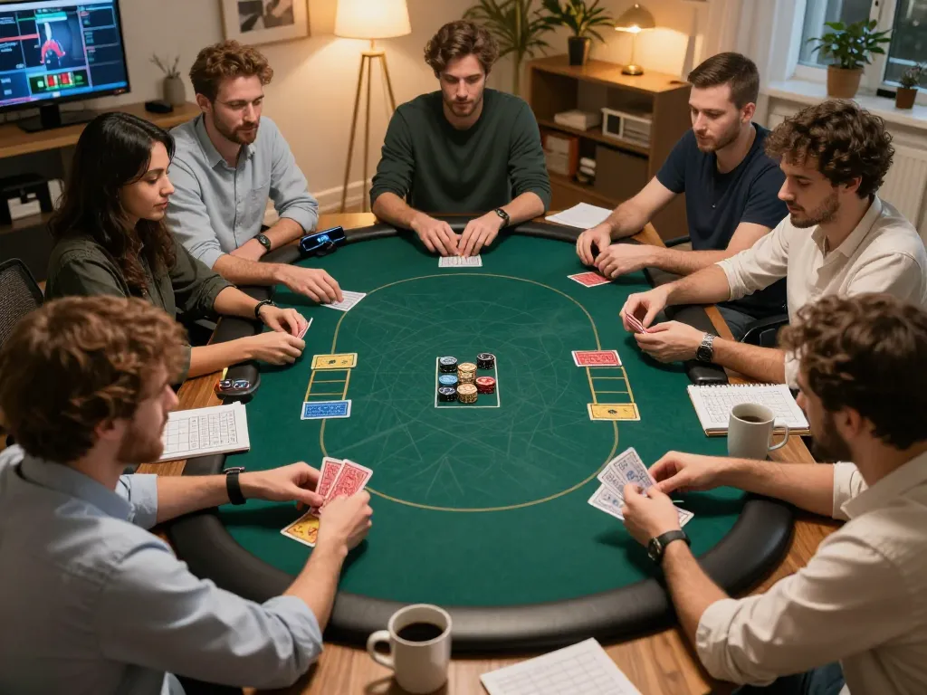 Players engaging in a strategic online poker game showcasing tg 88 atmosphere through focused expressions and cozy home settings