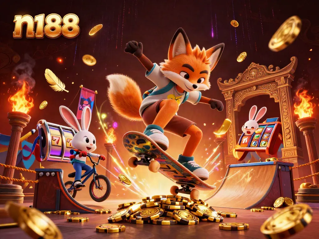 Experience thrilling gaming action with n188 featuring a skateboarder fox and BMX rabbit in a vibrant casino scene.
