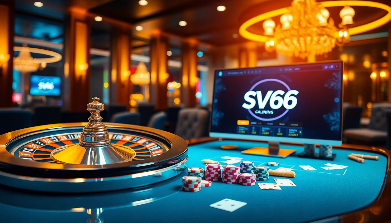 Immerse in a professional gambling scene highlighting nhà cái sv66 with a sleek roulette wheel and colorful poker chips.