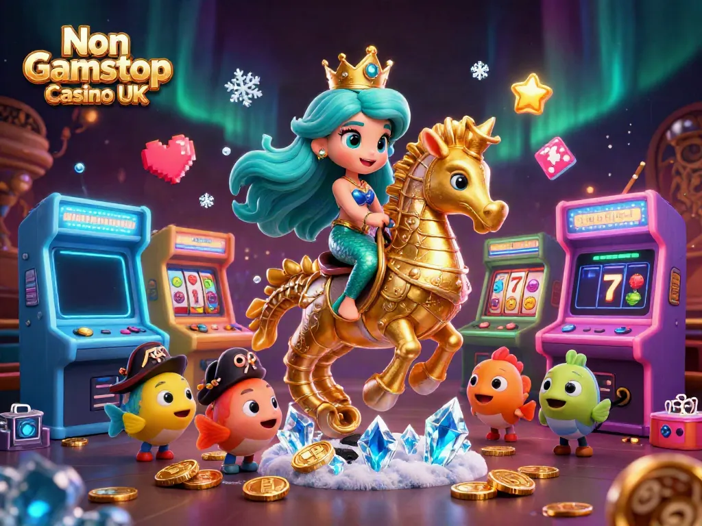 Playing at a Non Gamstop Casino UK with a magical mermaid and a seahorse amidst vibrant game elements.