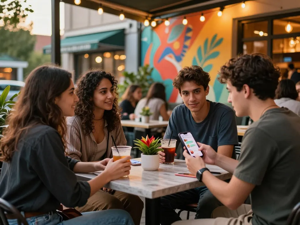 Dynamic spicy chat conversation at a vibrant urban cafe with colorful decor and engaging atmosphere.