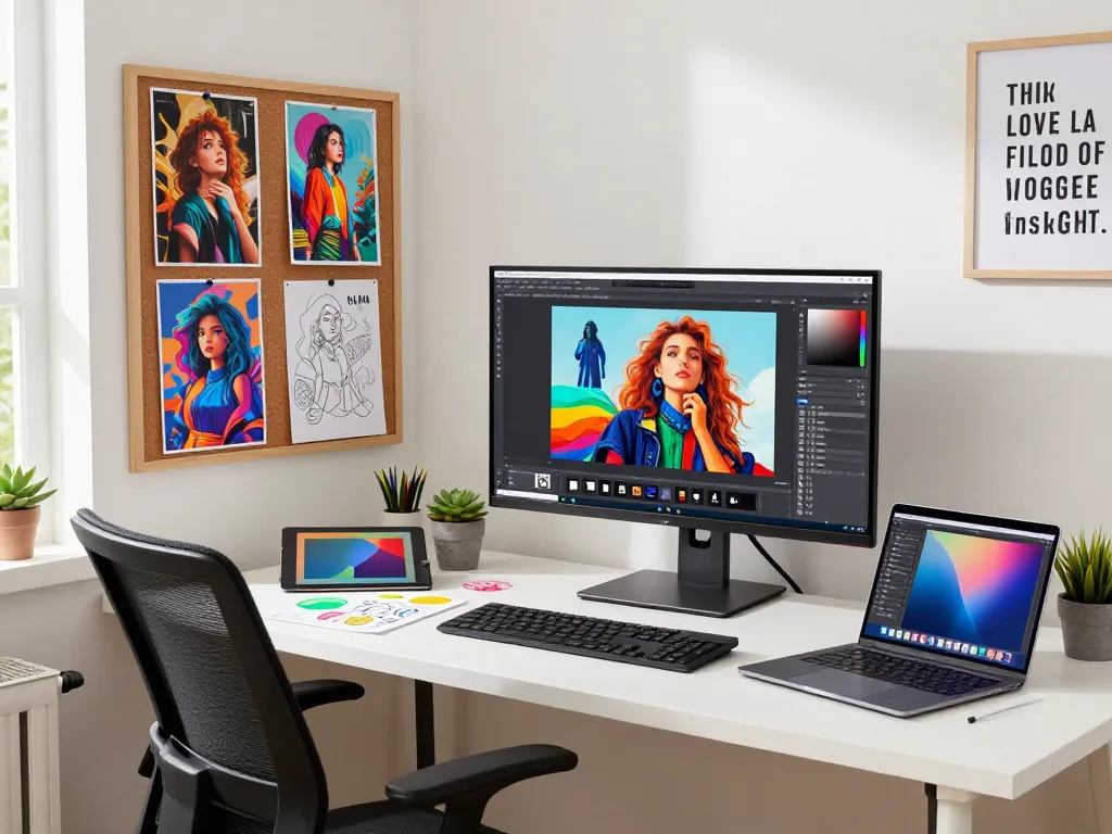 Digital artist using nano banana 2 AI editor in a vibrant creative workspace.