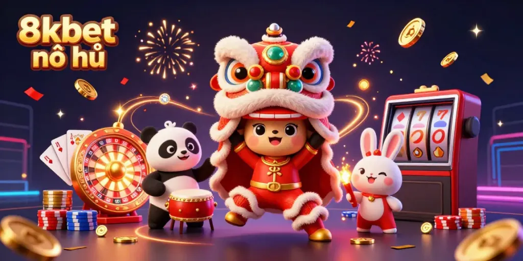 Experience the excitement of 8xbet nổ hũ with vibrant characters, slot machine action, and dynamic casino elements.