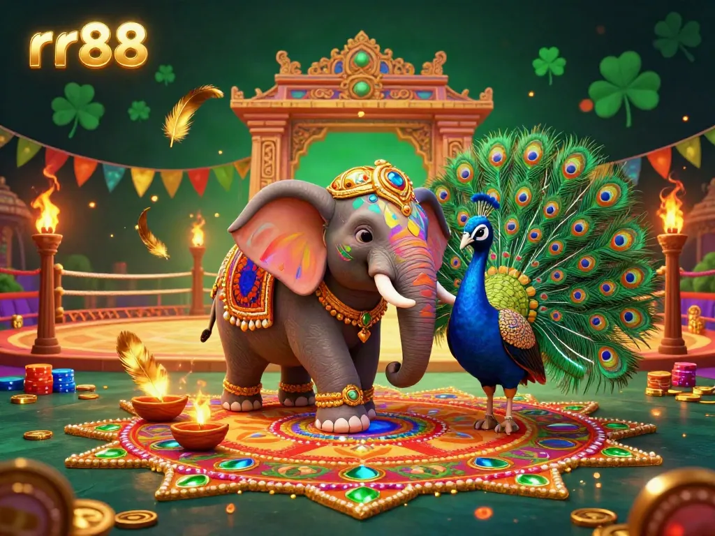 Experience the vibrant world of rr88 with a Diwali-themed elephant and peacock amidst a lively casino scene.