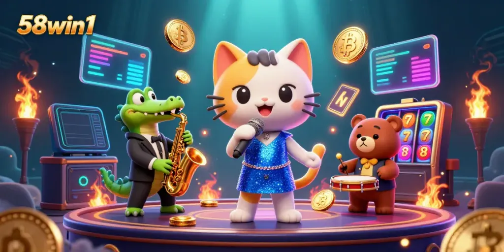 Engage in thrilling games at 58win1, featuring a jazz-singer cat and neon crypto elements in a vibrant casino.