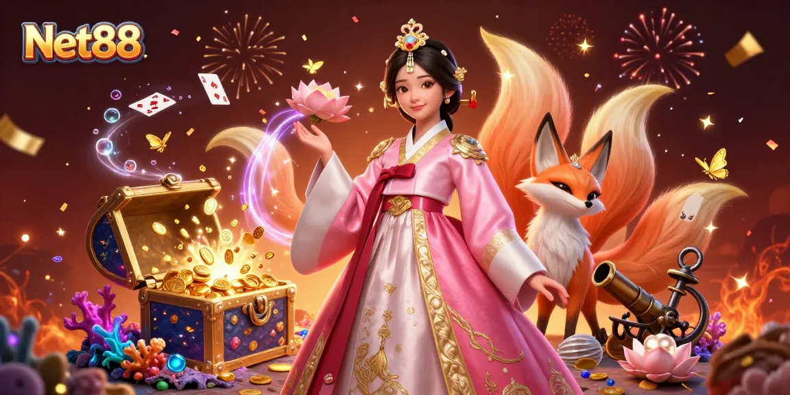 Experience thrilling gameplay at Net88 with a vibrant 3D illustration featuring luck and fortune elements.
