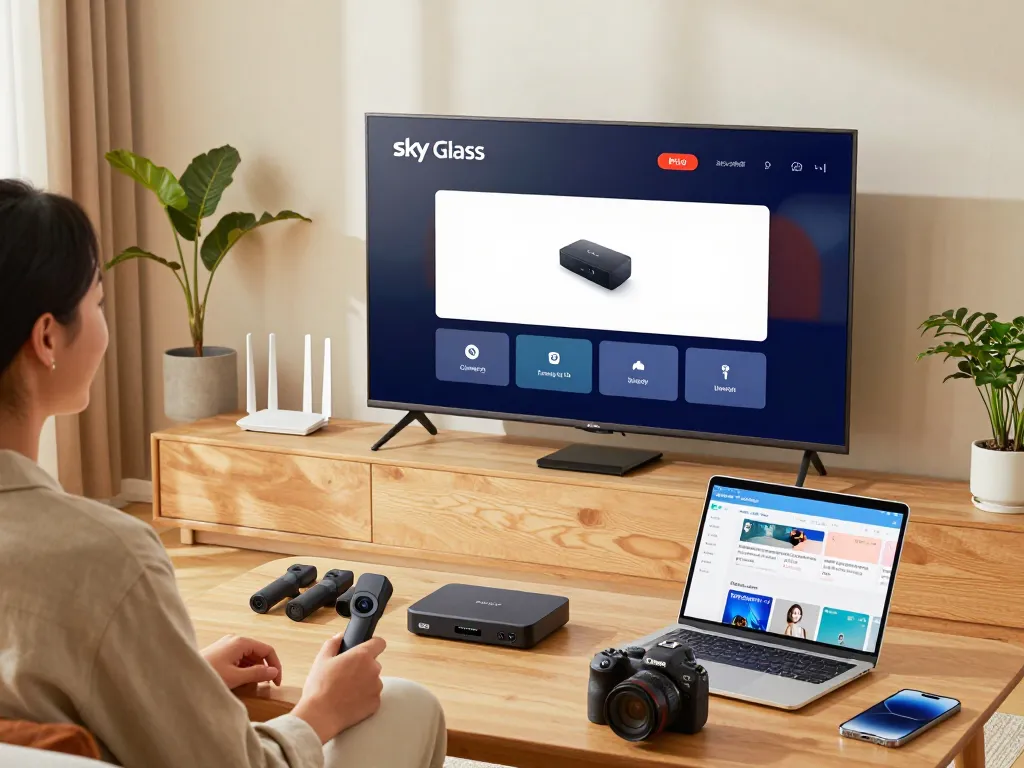 Sky Glass IPTV installation Guide being set up on a Smart TV in a cozy living room, showcasing multiple compatible devices.