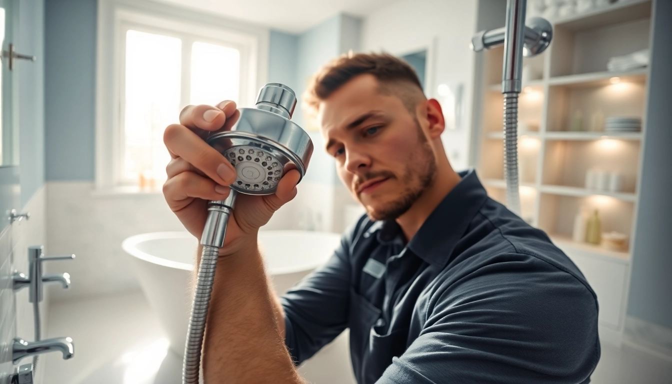 Plumber fixing a shower not working in a bright, modern bathroom setting.