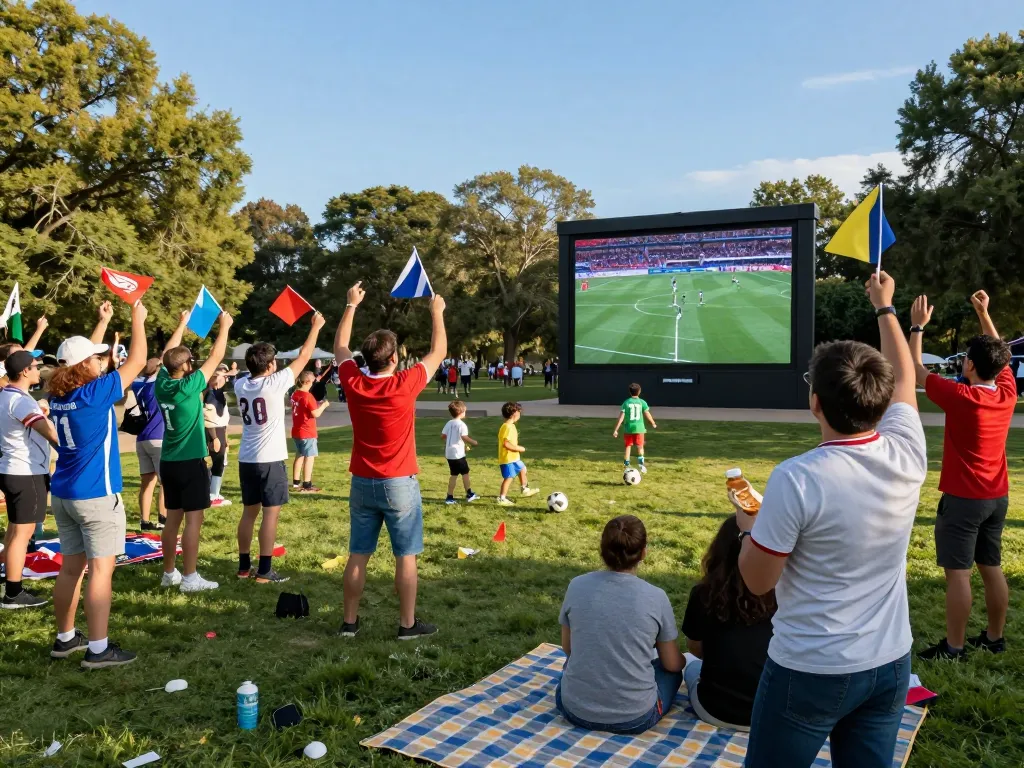 Cà Khịa TV fans enjoying a live soccer match outdoors with friends, showcasing excitement and community spirit.