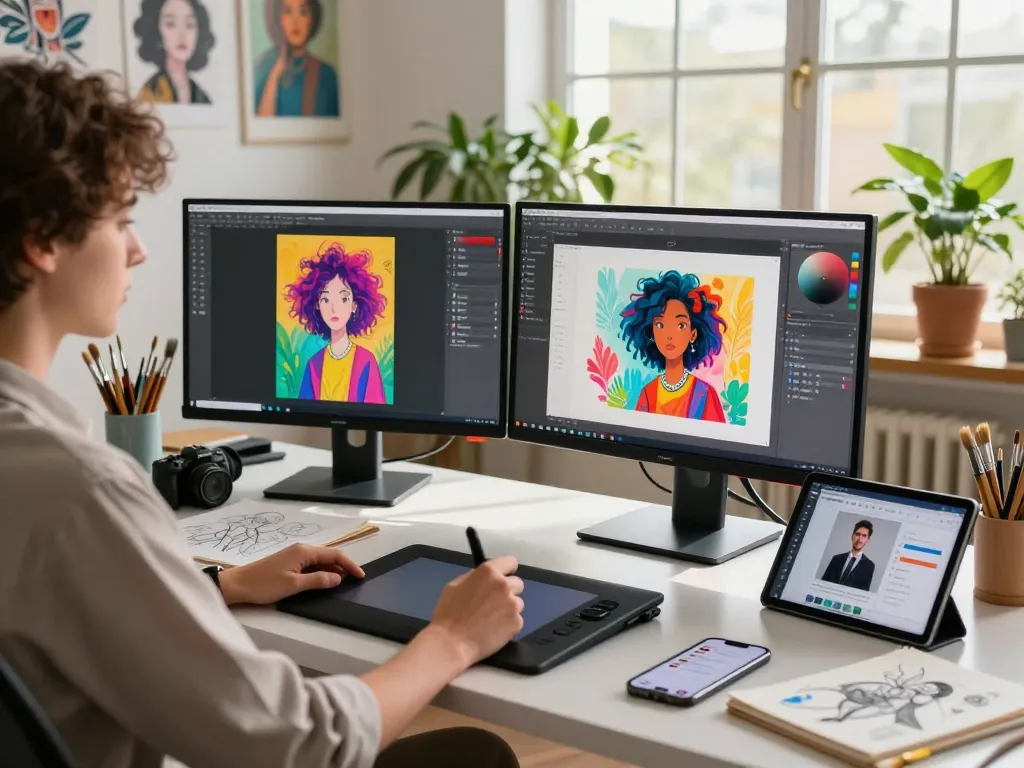 Artist using an image to prompt generator in a bright studio creating vibrant AI artworks.