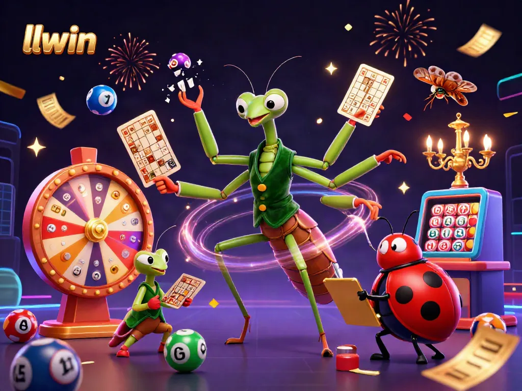 Sample dynamic gaming scene showcasing llwin characters in action with lottery elements in a vibrant casino atmosphere.