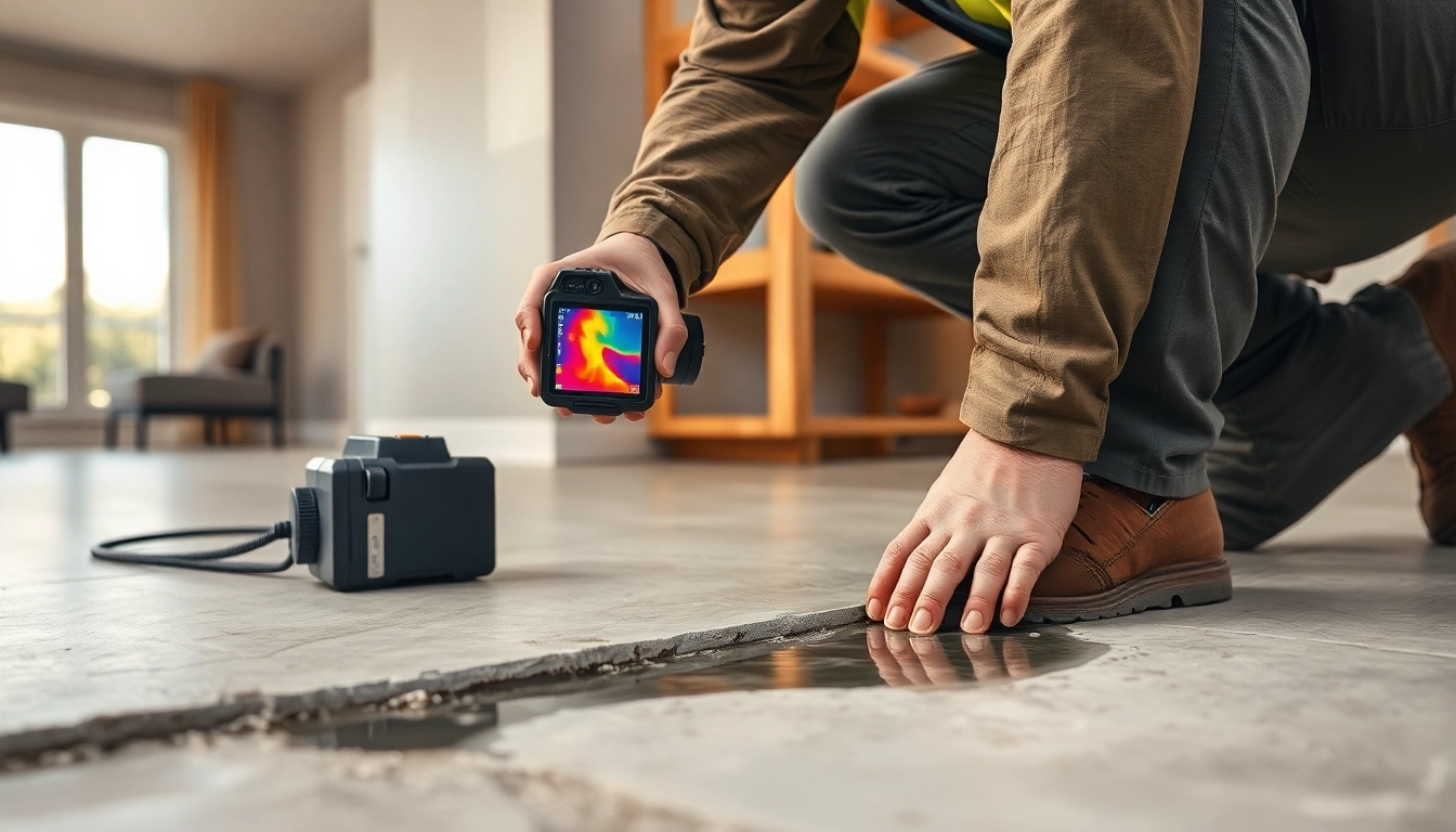 Leak in concrete floor detected by technician using thermal imaging camera for accurate assessment.