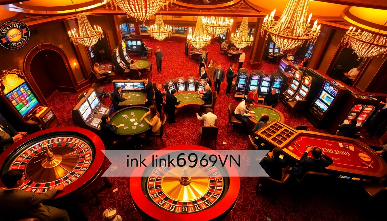 Players engrossed in games, showcasing link 69VN and a vibrant casino atmosphere filled with poker chips and roulette wheels.