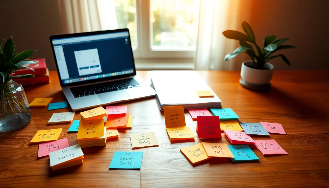 Creative workspace showcasing colorful custom sticky notes arranged beautifully on a wooden desk.
