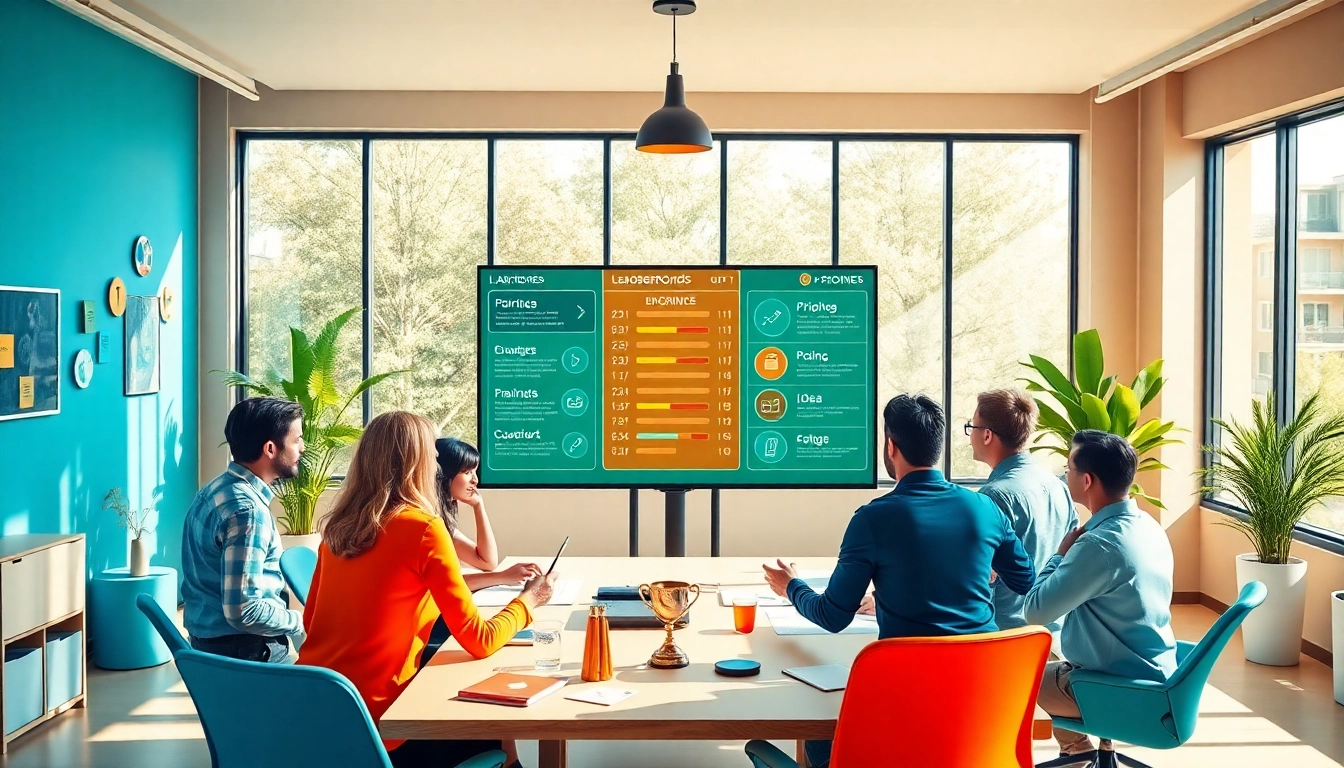 Visualize business gamification in an engaging workspace with a diverse team collaborating on gamified strategies.