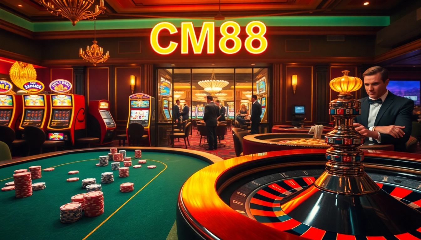 Experience the excitement of CM88 at a bustling casino with vibrant poker chips and engaging gameplay activities.